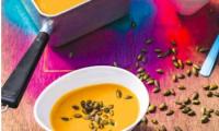 Sweet Potato and Coconut Soup with Toasted Pumpkin Seeds from “Wholefood Heaven in a Bowl,” p. 53