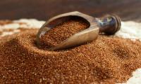 Teff (dwarf millet), raw seeds piled with a wood scoop: Eragrostis tef (Zuccagni) Trotter.