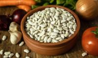 Raw white beans (Phaseolus vulgaris) in a clay bowl on wooden table.