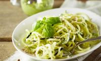 Zucchini Spaghetti with Hemp Pesto and Almond Parmesan from the cookbook “Be Faster, Go Vegan,” p. 119 (translated from German version).
