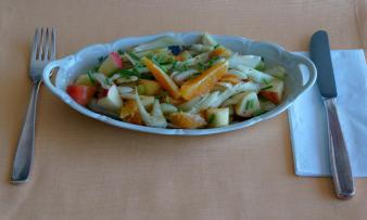 Fertig zubereiteter und angerichteter "Fenchelsalat mit Äpfeln und Orangen". Fertig zubereiteter und angerichteter "Fenchelsalat mit Äpfeln und Orangen".