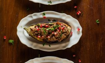 Stuffed Eggplant with Nut and Pomegranate Filling (Gefüllte Auberginen mit Nuss-Granatapfelfüllung) from Vegan Oriental (East Asian vegan cuisine), p. 37 Stuffed Eggplant with Nut and Pomegranate Filling (Gefüllte Auberginen mit Nuss-Granatapfelfüllung) from Vegan Oriental (East Asian vegan cuisine), p. 37