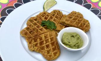 Bild der fertiggestellten "Falafel-Waffeln mit Guacamole" auf weissem Teller. Bild der fertiggestellten "Falafel-Waffeln mit Guacamole" auf weissem Teller.