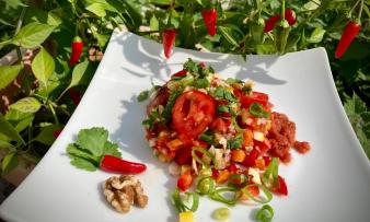 Photo of the finished "Healthy, oil-free raw vegan chili" arranged on a white plate. Photo of the finished "Healthy, oil-free raw vegan chili" arranged on a white plate.