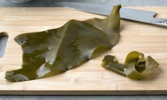 Alga Kombu - Laminaria spp. sul tavolo della cucina, tagliare a strisce sulla destra.