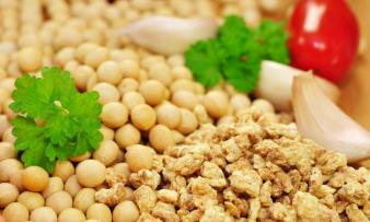 Соевые бобы (слева) и соевый гранулят, рядом справа зубчики чеснока для сравнения размера.