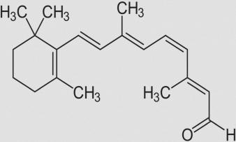 Struktur von 11-cis-Retinal. Das Retinal stammt von beta-Carotin und ist unverzichtbarer Baustein des Sehvorgangs Im Auge. Struktur von 11-cis-Retinal. Es stammt von beta-Carotin und ist unverzichtbarer für das Sehvermögen.